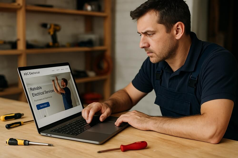 Tradesman in workwear updating his business website on a laptop to attract more trade leads