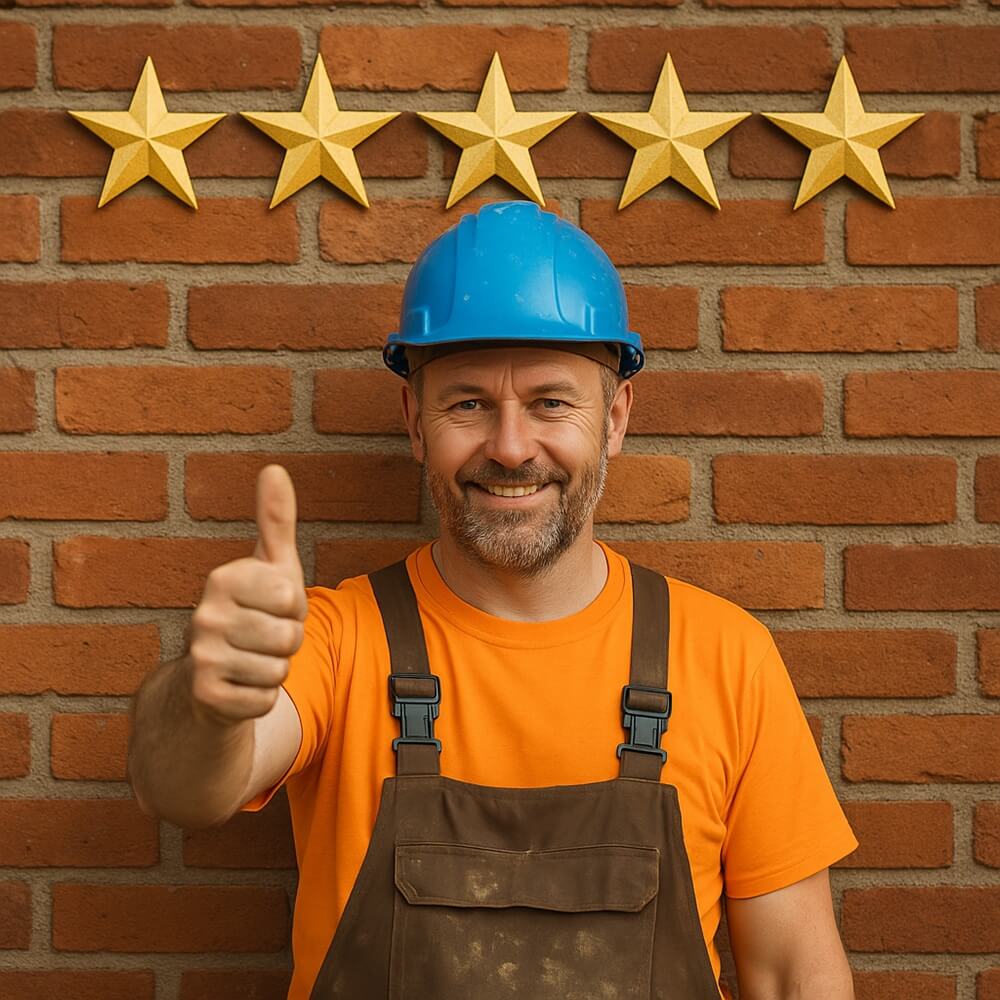 Smiling bricklayer giving thumbs-up beneath five gold stars on a red brick wall