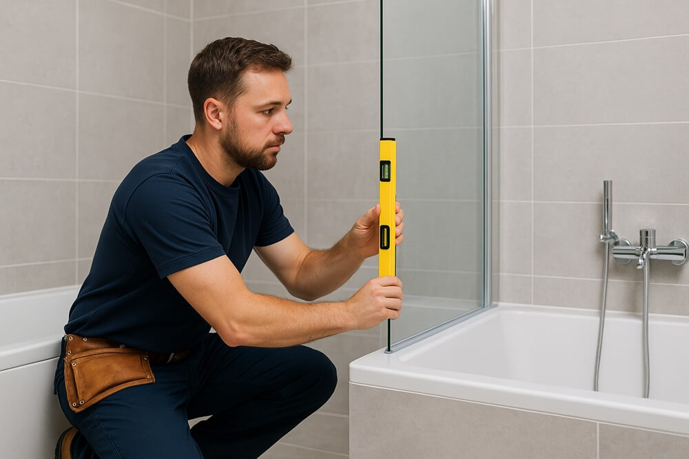 Bathroom fitter using a yellow spirit level to check the position of a glass shower panel in a tiled bathroom.