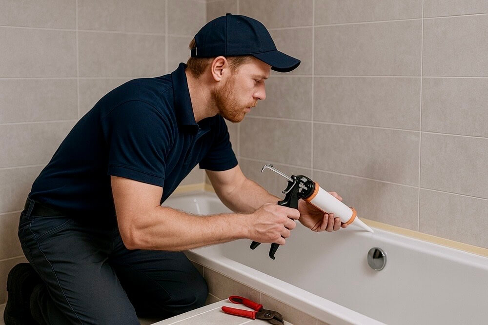 Bathroom fitter in navy workwear applying silicone sealant around the edge of a white bathtub.