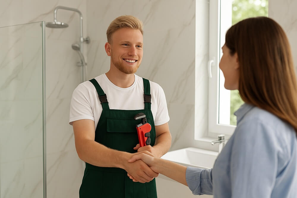 Blonde bathroom fitter in green overalls shaking hands with a female customer