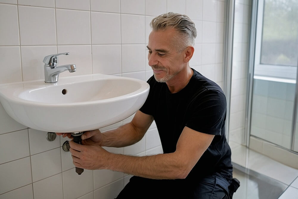 Bathroom fitter tightening the plumbing connections beneath a wall-mounted ceramic sink.