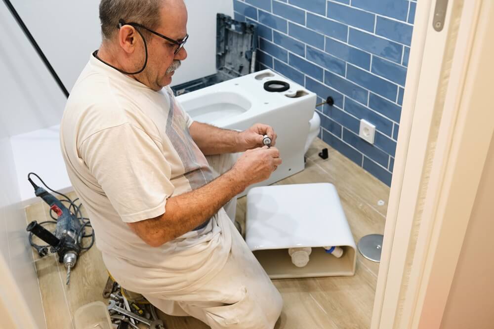 Bathroom fitter kneeling on the floor assembling a toilet unit in a domestic bathroom.