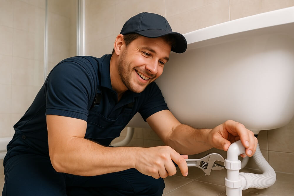 Bathroom fitter in navy uniform adjusting pipework under acrylic bath in a beige-tiled bathroom.
