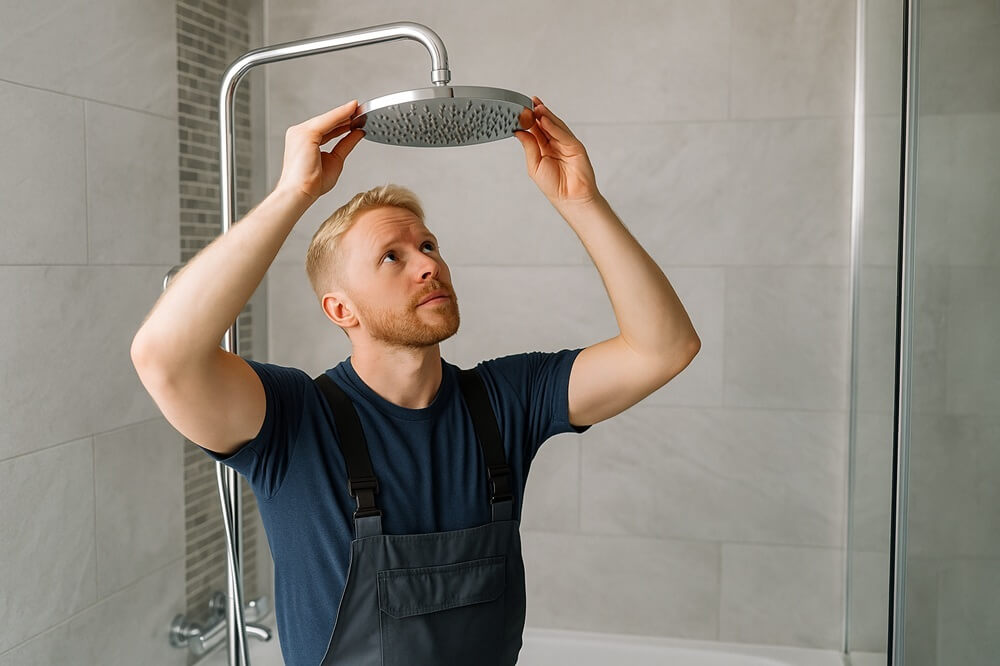 Bathroom fitter installing a rainfall showerhead in a modern tiled bathroom.