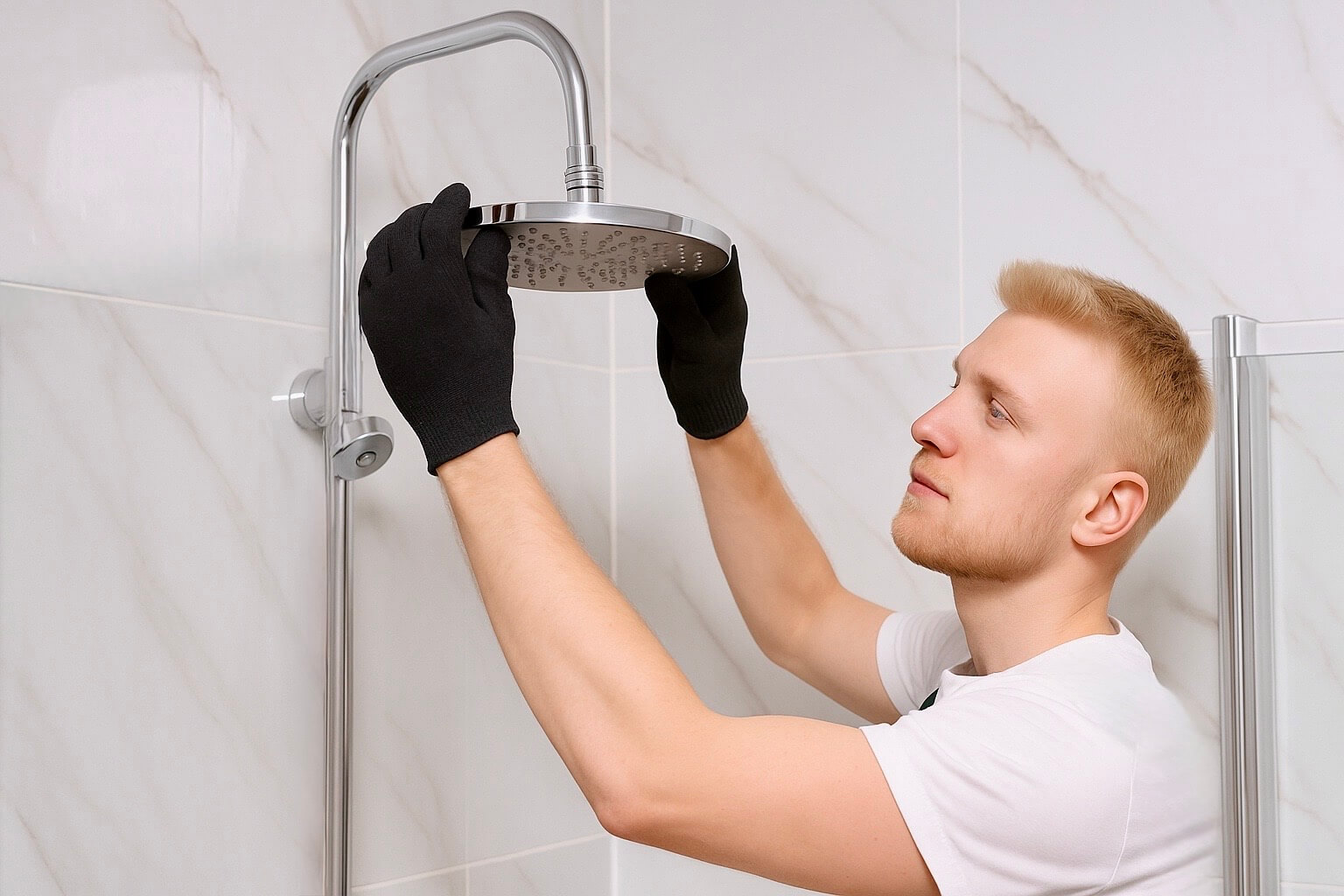 Blonde bathroom fitter installing a rainfall showerhead in a modern bathroom