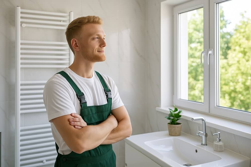Blonde bathroom fitter standing in a modern bathroom looking out the window