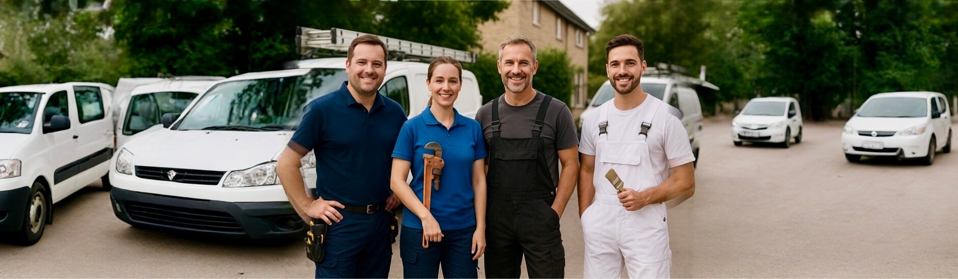 A group of four UK tradespeople — an electrician, plumber, builder, and painter — standing confidently in front of work vans and a residential home.