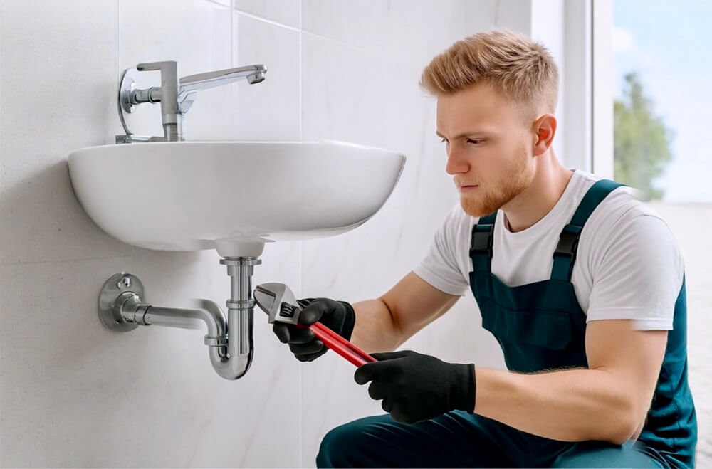 Bathroom fitter fixing sink with wrench in a modern bathroom