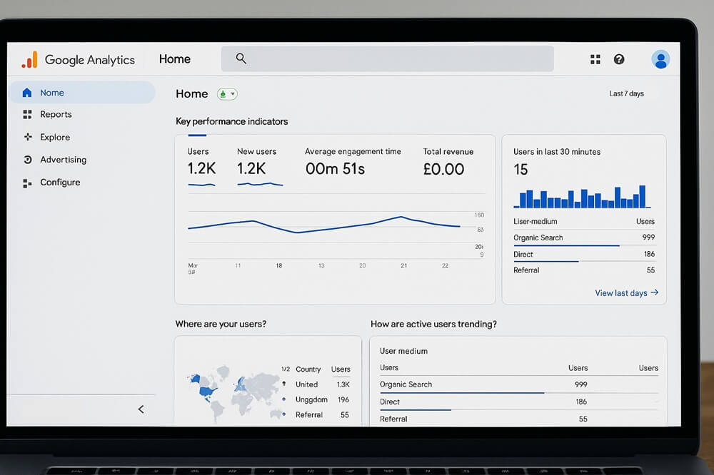 Google Analytics dashboard showing user stats, traffic sources, and engagement for a trades website.