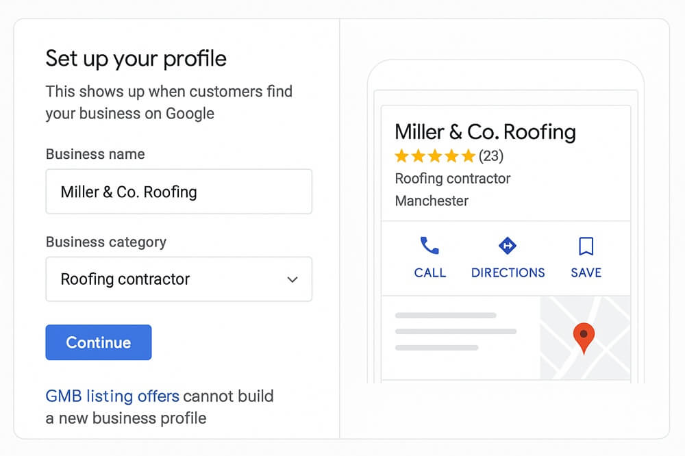 Screenshot of Google Business Profile setup with business name “Miller & Co. Roofing” and category selected.