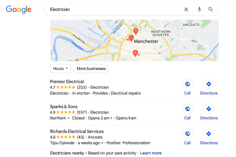 Google local map pack displaying three electricians in Manchester with star ratings and business info