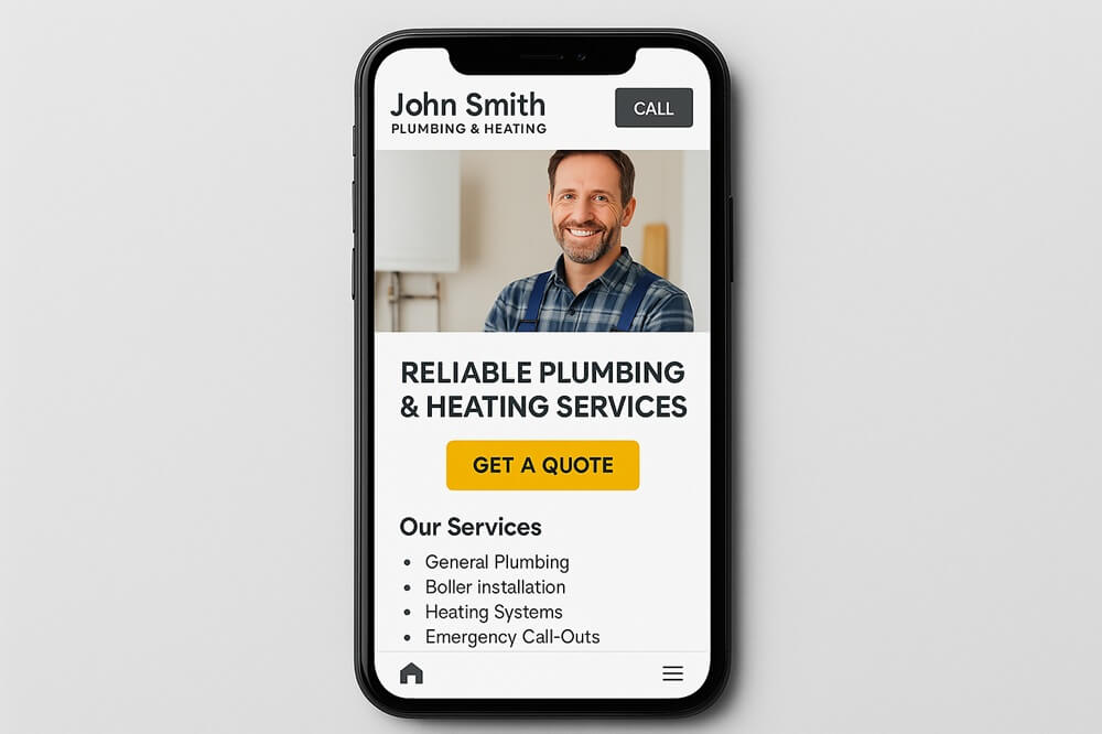 Smartphone displaying a landscape view of a plumber’s mobile-friendly website with a “Get a Quote” button.