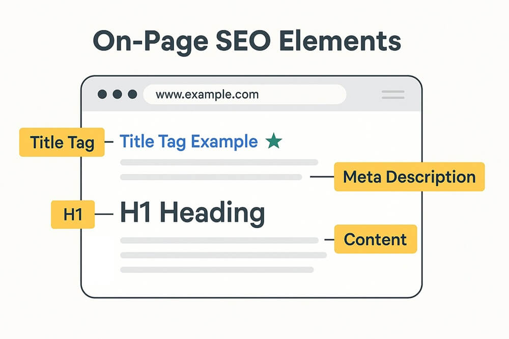 Realistic-style diagram of on-page SEO layout with Title Tag, H1, Meta Description, and Content marked.