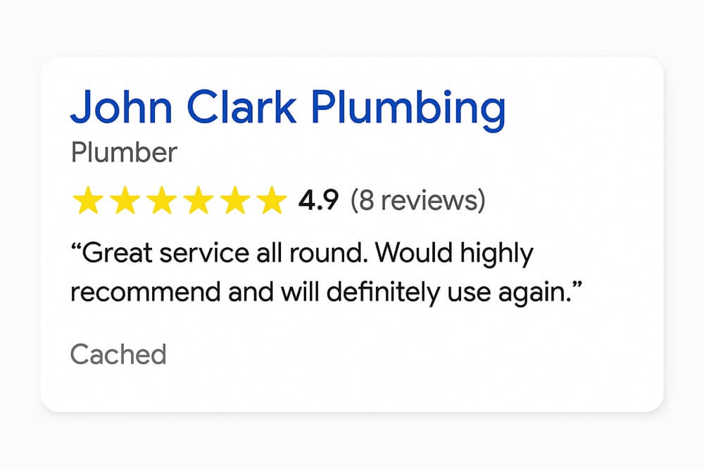 Review snippet showing “John Clark Plumbing” with 4.9 stars and positive customer feedback.