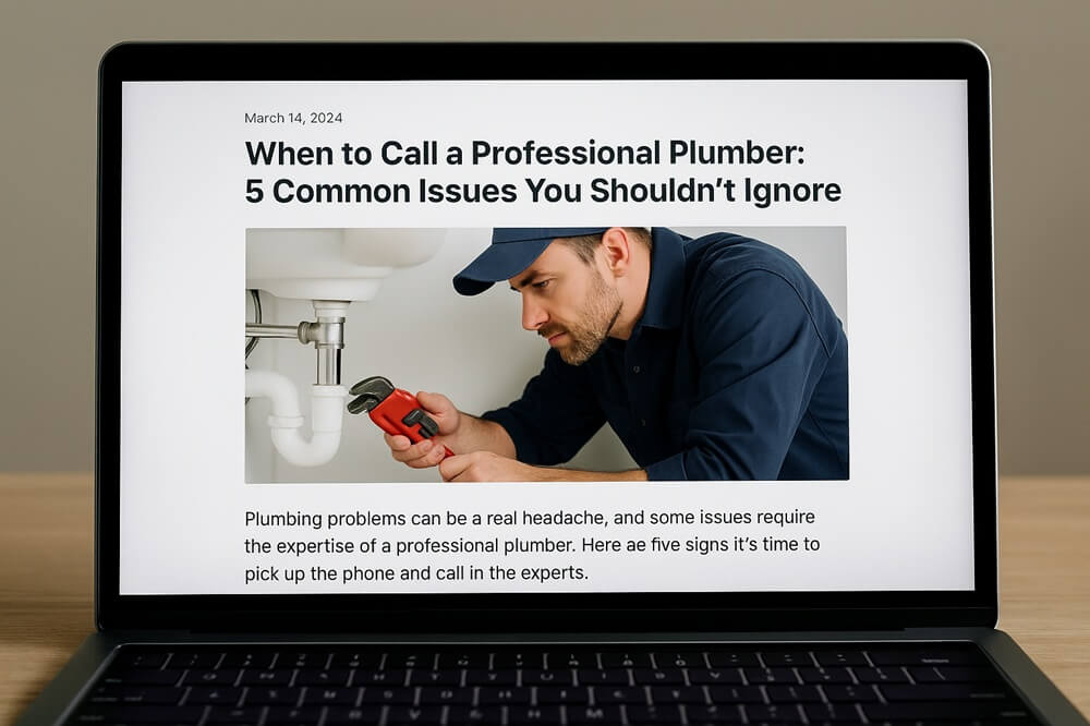 Blog article on a plumber’s website titled “When to Call a Professional Plumber” with an image of a plumber fixing a sink pipe.
