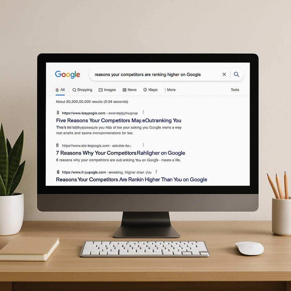 A desktop computer displaying Google search results for 'reasons your competitors are ranking higher on Google' on a tidy office desk.