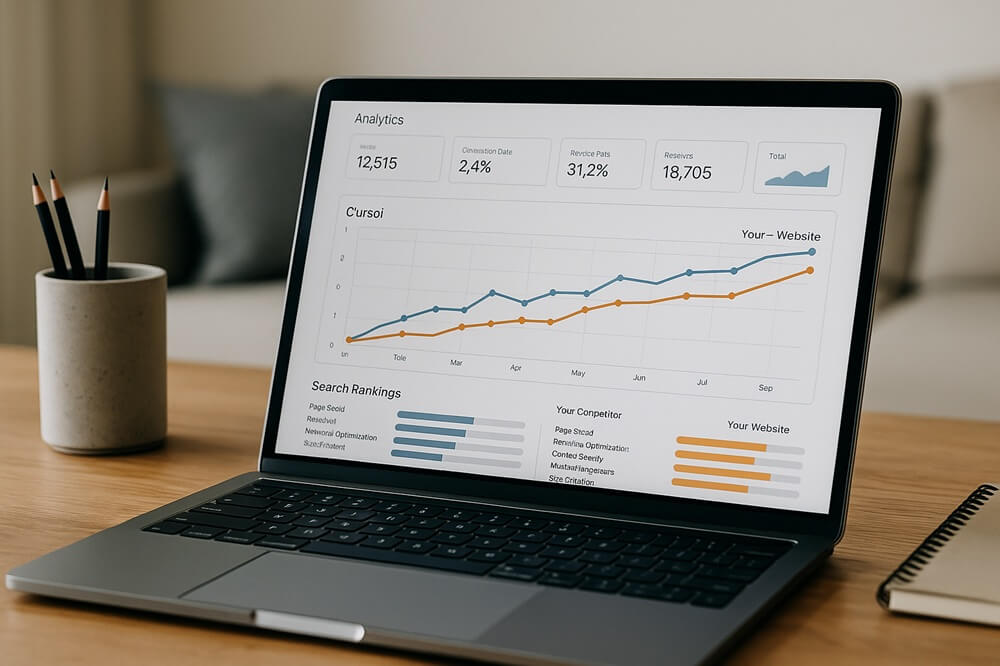 A laptop screen showing an SEO chart where a competitor's ranking line overtakes another over time.