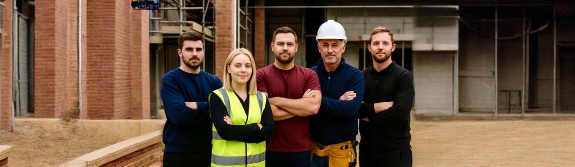 Group of British construction workers with a blonde female tradesperson in a hi-vis vest at a building site
