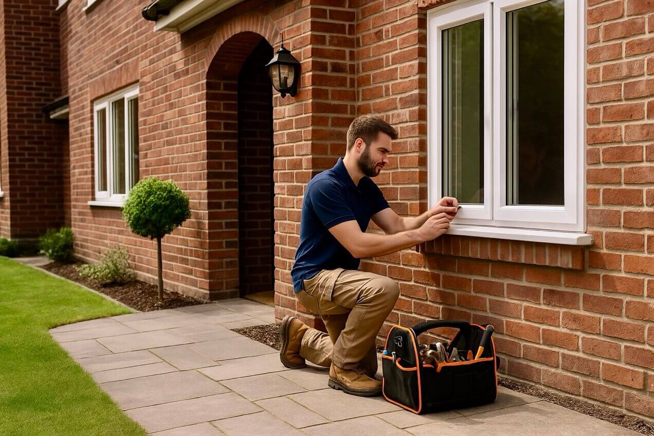Tradesman kneeling with a tool kit while working on a white-framed window of a red-brick home