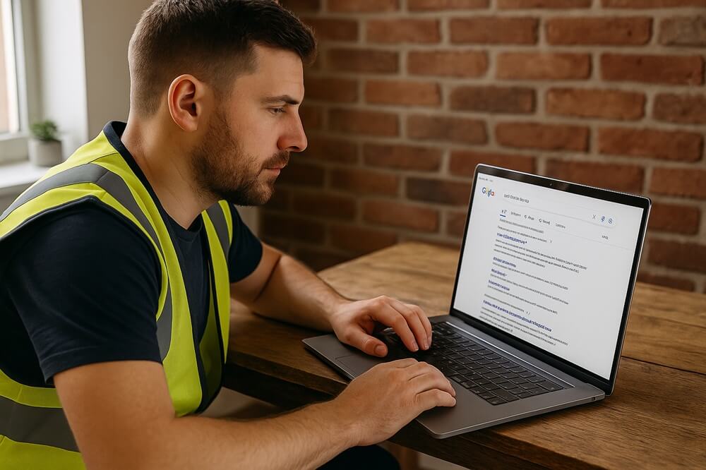 Local British builder using laptop to check Google search results for SEO services