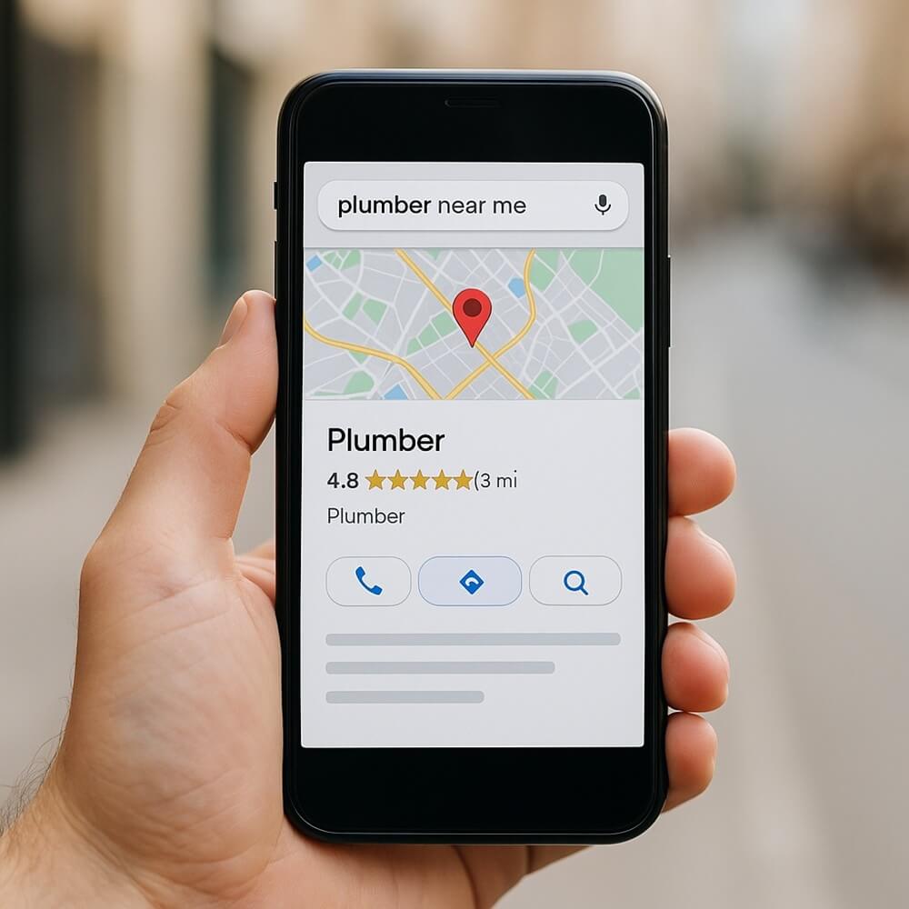 Smartphone displaying a “plumber near me” Google search with a top local listing and map pin