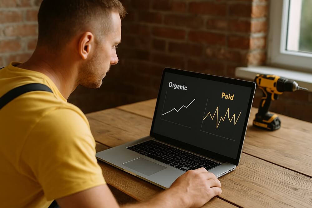 Tradesman comparing SEO growth curves for organic versus paid listings on a laptop