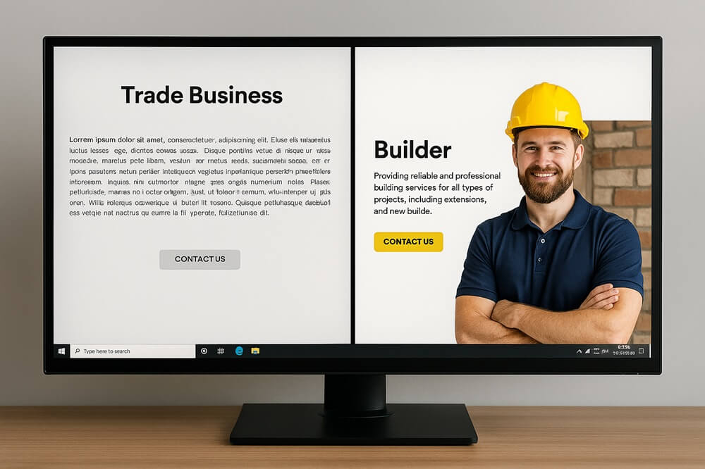 Monitor showing an old unoptimised trade website on the left and an optimised builder website on the right