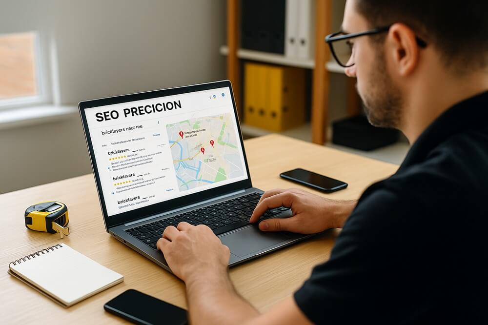 Digital marketer analysing Google search results for bricklayers near me using local SEO tools
