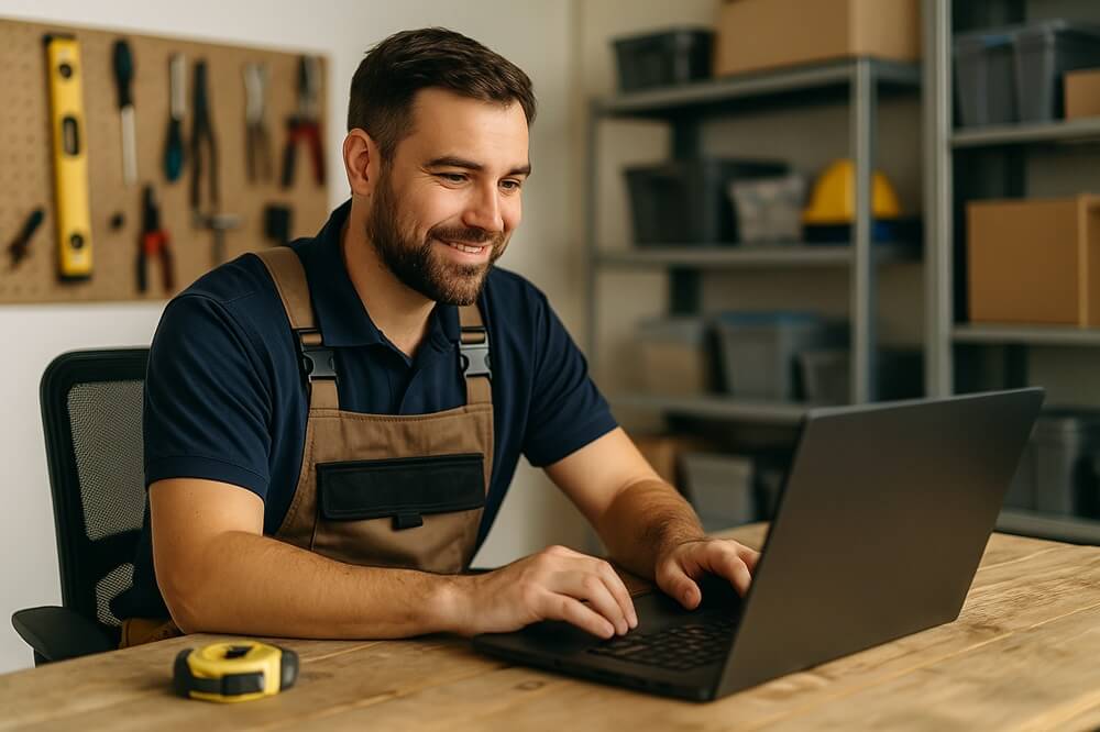 A middle-aged tradesperson in workwear using a desktop computer in his trade office to manage SEO.