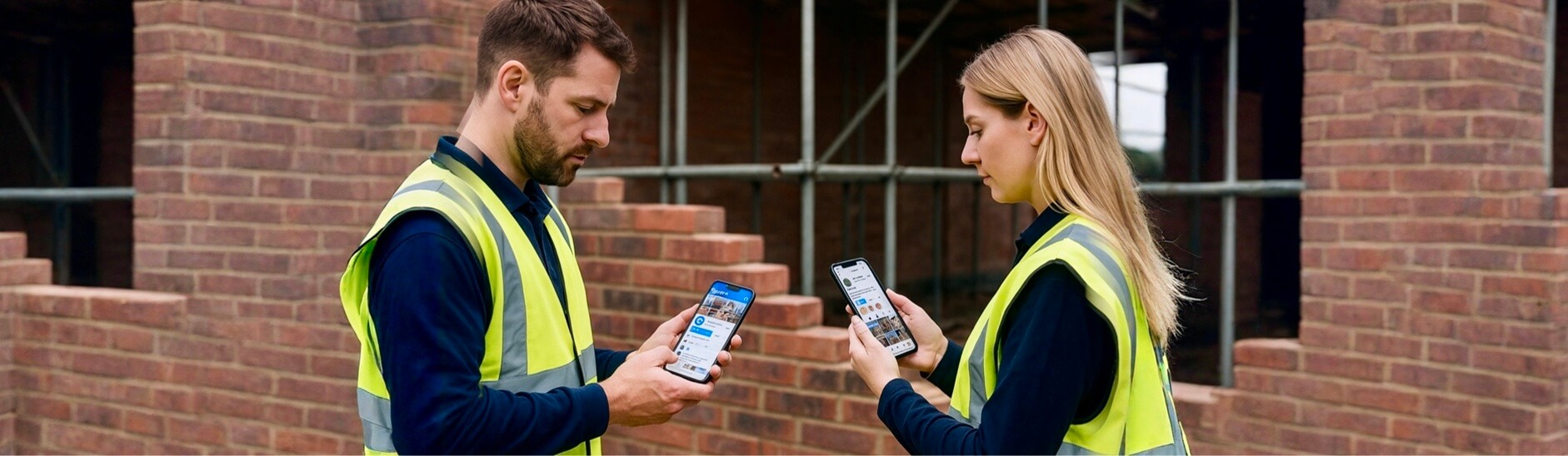Tradesman and tradeswoman on a construction site viewing their Facebook and Instagram profiles on smartphones.