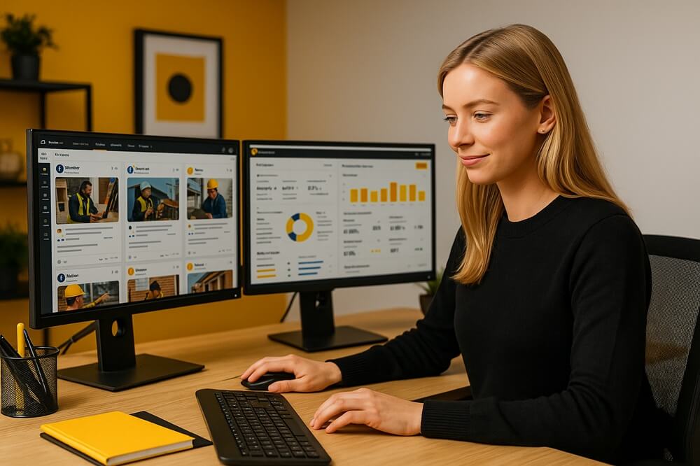 Blonde female social media manager reviewing plumber, electrician, and builder dashboards at her dual-monitor workstation in a yellow-accented office.