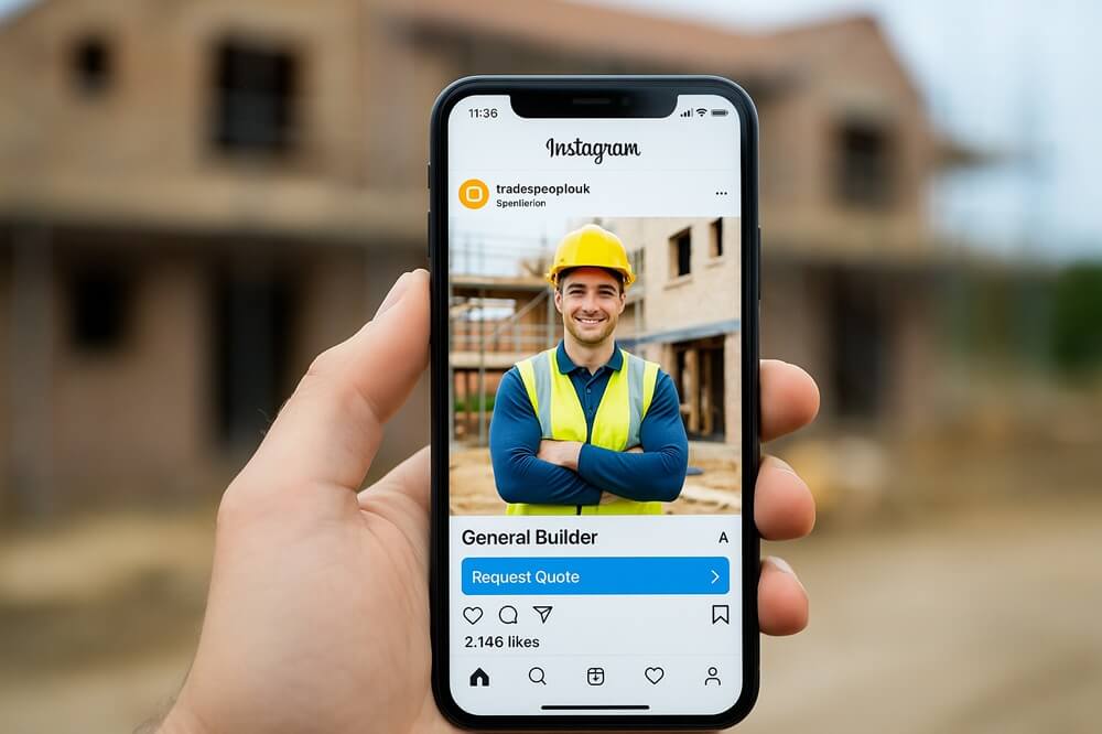 Close-up of a phone showing an Instagram ad for a general builder with a “Request Quote” button, held in front of a real construction site.