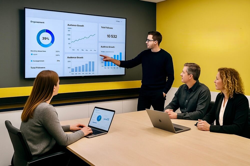 Tradepal team in a brand-coloured meeting room reviewing a dashboard showing monthly active users and audience growth using Sprout Social.
