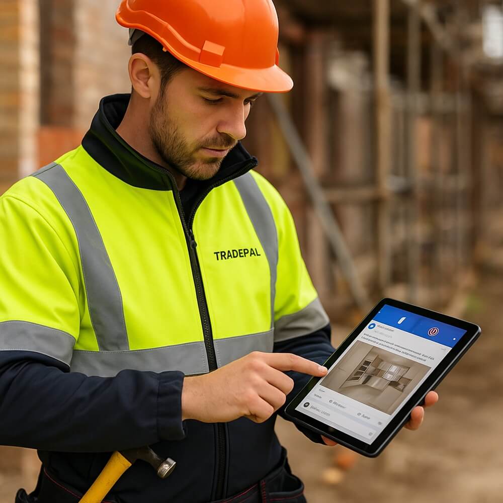 Tradesman in branded high-vis using a tablet on-site to view a Facebook post with visible tools and construction in the background.