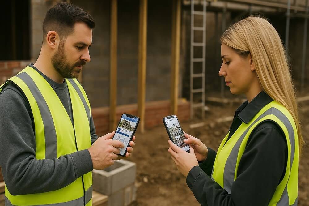 Two tradespeople wearing high-vis using phones on-site to view their company Facebook and Instagram accounts.