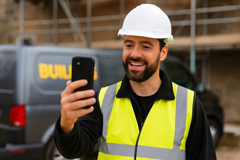 Tradesperson in hi-vis and hard hat smiling while recording a video on a smartphone with a branded van in the background.