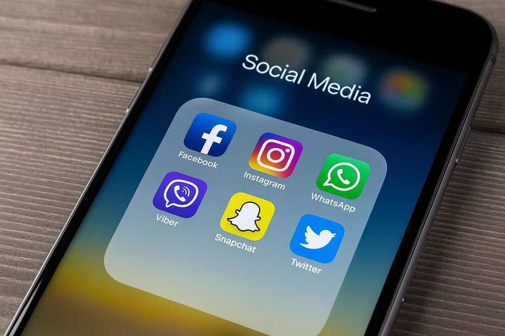 Smartphone screen displaying real social media app icons including Facebook, Instagram, WhatsApp, and YouTube