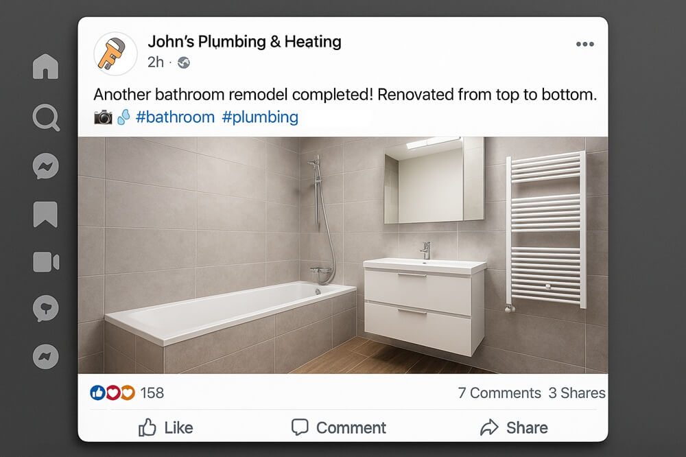 Social media post from a plumbing business showing a completed modern bathroom remodel with hashtags.