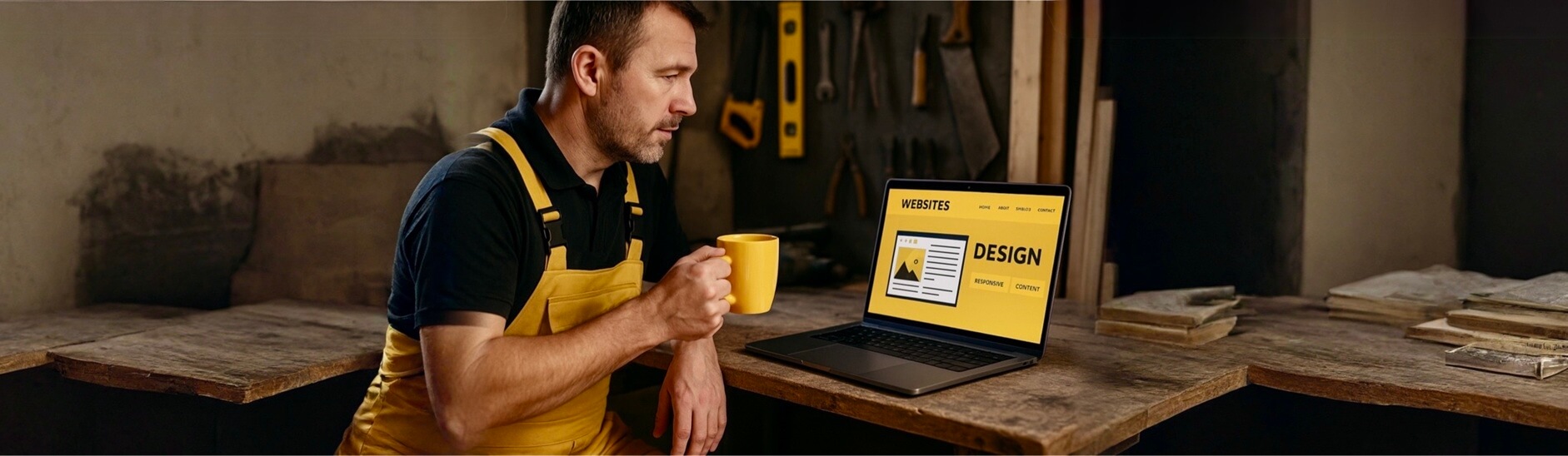 A tradesman in yellow overalls sits in his workshop drinking coffee while viewing his yellow-branded website on a laptop.