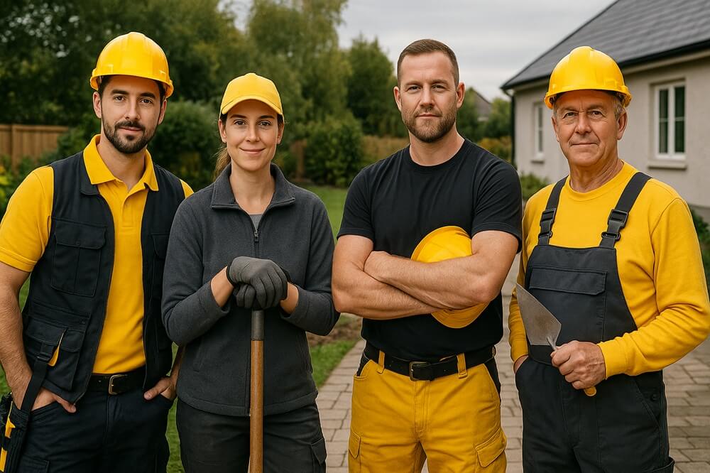 Four UK tradespeople standing confidently outside a newly built home, dressed in yellow and dark grey work gear.