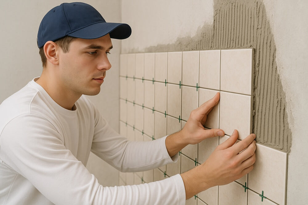 Young bathroom fitter pressing a cream ceramic tile into adhesive on a part-tiled wall using spacers.