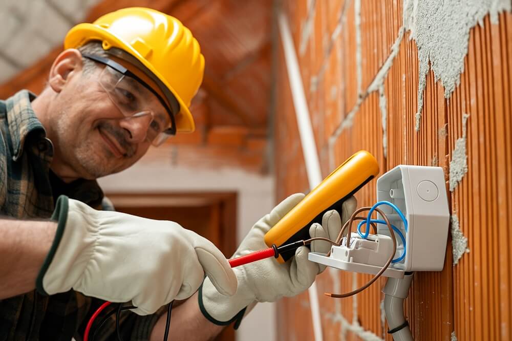 Electrician using a voltage tester on a wall-mounted socket inside an unfinished room.