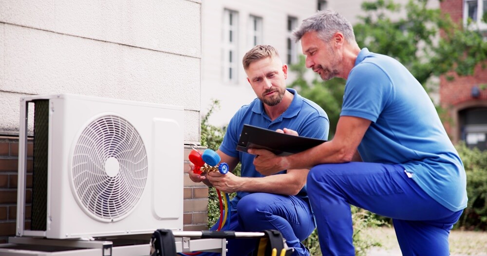 Two HVACR engineers inspecting an outdoor air conditioning unit using gauges and a clipboard.