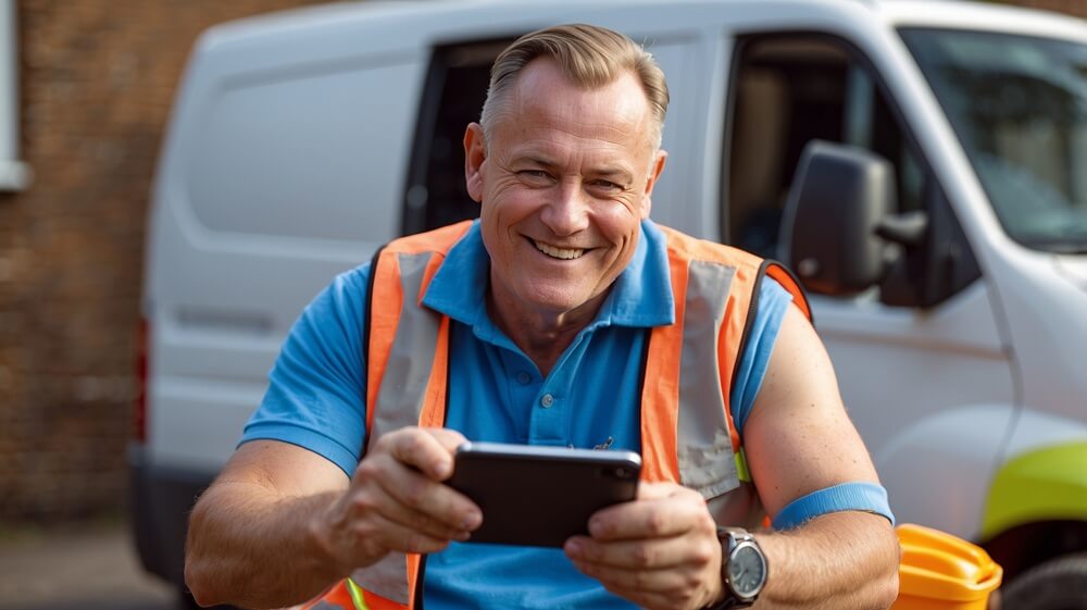 British general builder in hi-vis vest smiling while checking smartphone in front of a white van, representing on-the-go lead management for builders.