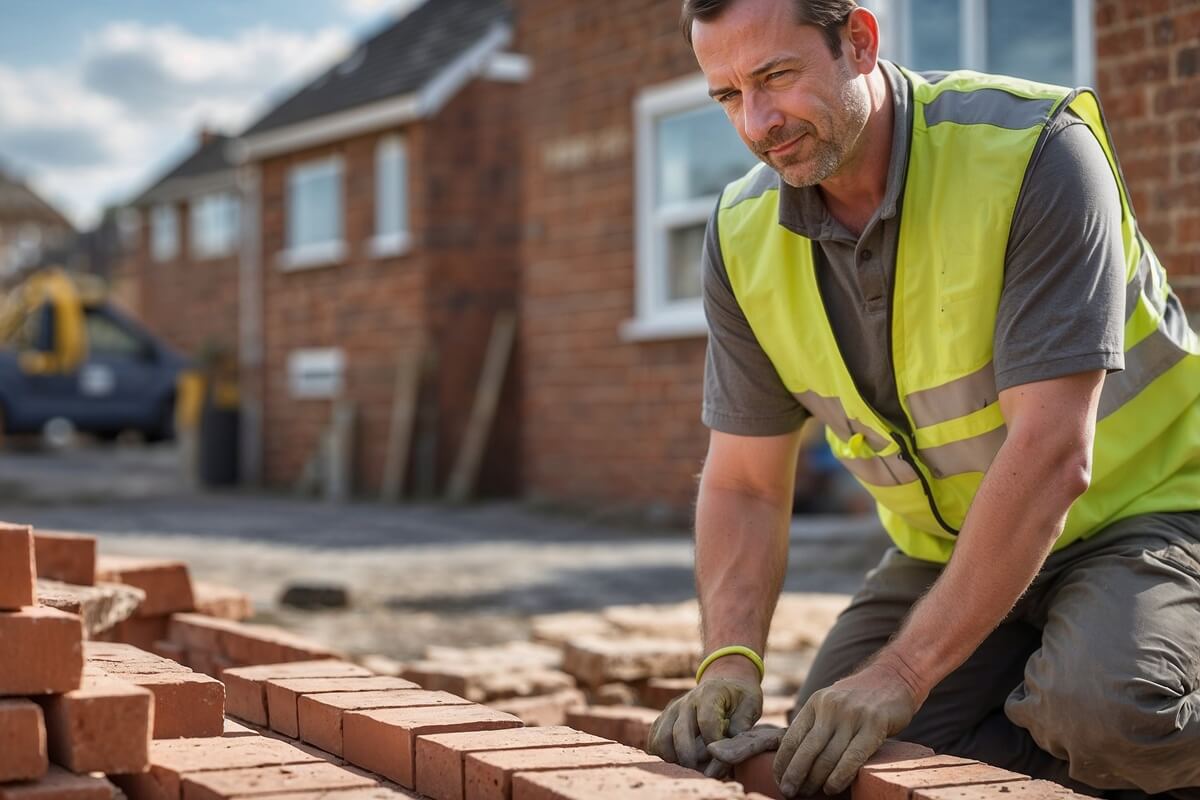 British general builder laying bricks at a residential site, representing the type of tradesperson supported by marketing for general builders.