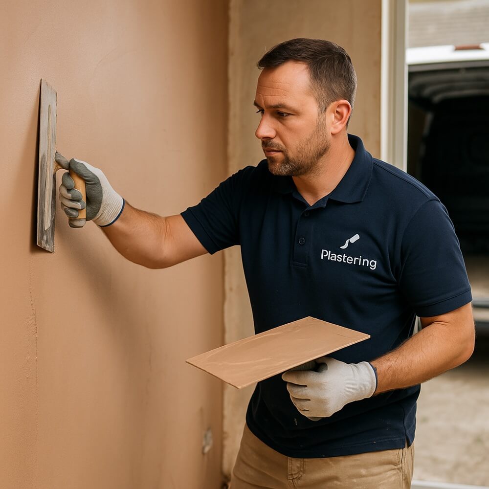 Professional plasterer applying finish to wall while wearing branded polo, with van visible in background.