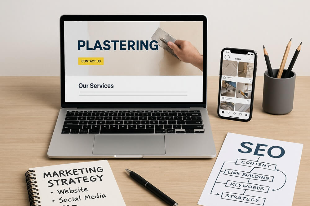 Desk showing plastering website on laptop, social media on phone, and printed SEO strategy plan.