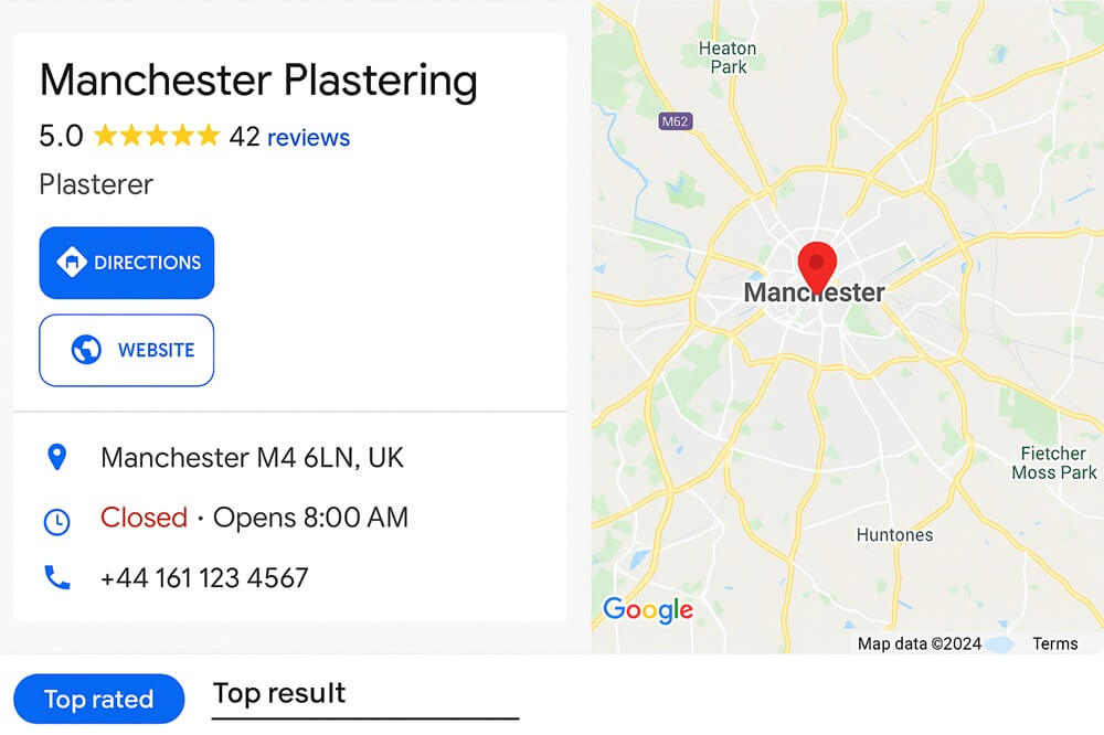 Google Maps listing showing top-rated plasterer in Manchester with reviews, contact details, and directions.