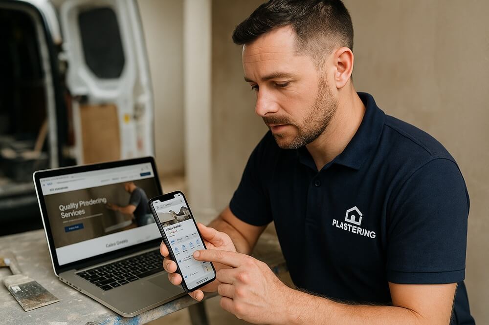 Marketing for plasterers shown by a tradesman using his phone and laptop to manage his online presence at a job site.